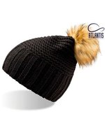 Atlantis Beanie mit Webpelz-Bommel, handgefertigt, Avio/Brown One Size, AT769 – Black/Beige