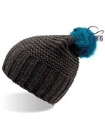 Atlantis Beanie mit Webpelz-Bommel, handgefertigt, Avio/Brown One Size, AT769 – Dark Grey/Turquoise