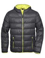 James&Nicholson Daunenjacke mit Kapuze, leicht für Herren, Black/Grey S, JN1060 – Carbon/Acid Yellow