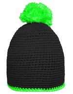 Myrtle beach Handgehäkelte Pomponmütze mit Fleeceband, Black/Light Grey One Size, MB7964 – Noir/Vert neon