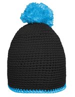 Myrtle beach Handgehäkelte Pomponmütze mit Fleeceband, Black/Light Grey One Size, MB7964 – Noir/Turquoise