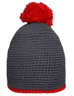Myrtle beach Handgehäkelte Pomponmütze mit Fleeceband, Black/Light Grey One Size, MB7964 – Carbone/Rouge