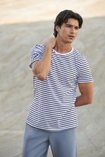 SF Men Gestreiftes Rundhals T-Shirt Baumwolle, Heather Grey/White XXS, SFM202 – Bild 1