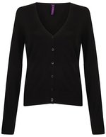 Henbury Feinstrick-V-Pullover mit Perlknöpfen – Black