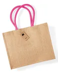 Westford Mill Jute Shopping Bag with Cotton Handles, Black/Black 42 x 33 x 19 cm, WM407 – Natural/Fuchsia