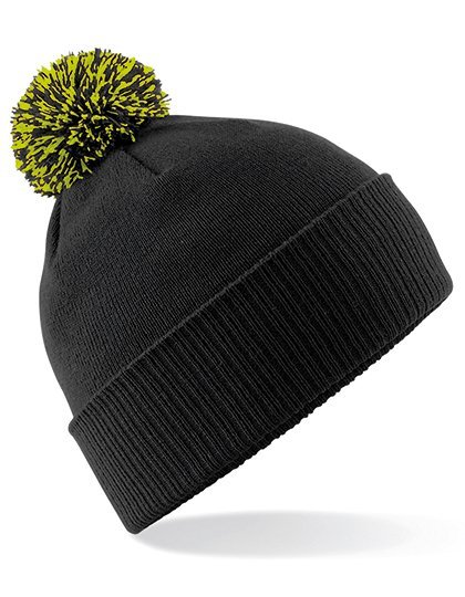 Beechfield Snowstar Beanie mit buntem Bommel, Black/Lime Green One Size, CB450