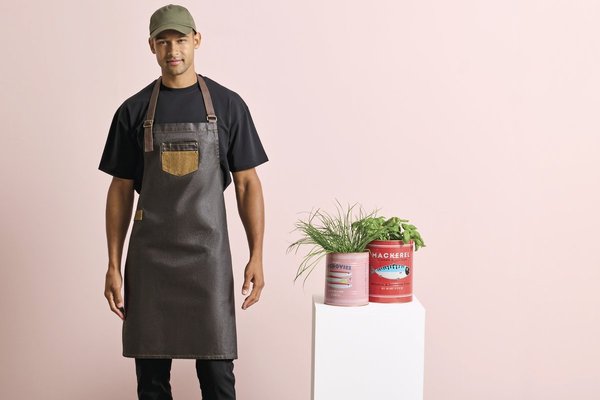 Wachsende Denim-Schürze mit Kunstlederbändern