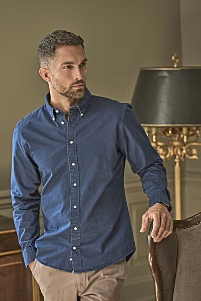 Tee Jays Dark Blue Long-Sleeve Shirt with Button-Down Collar