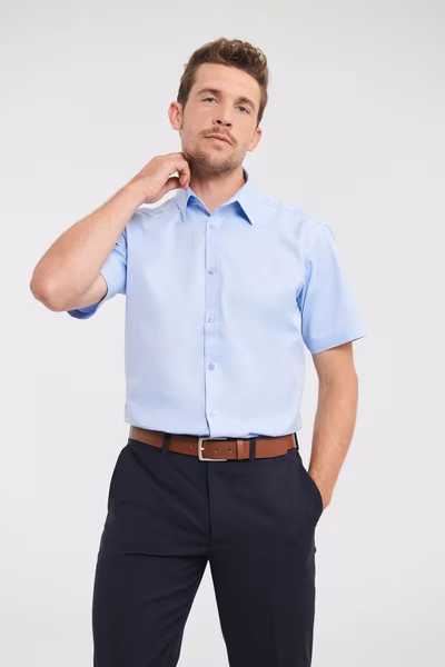 Russell Collection Fitted Short-Sleeve Shirts made of Herringbone