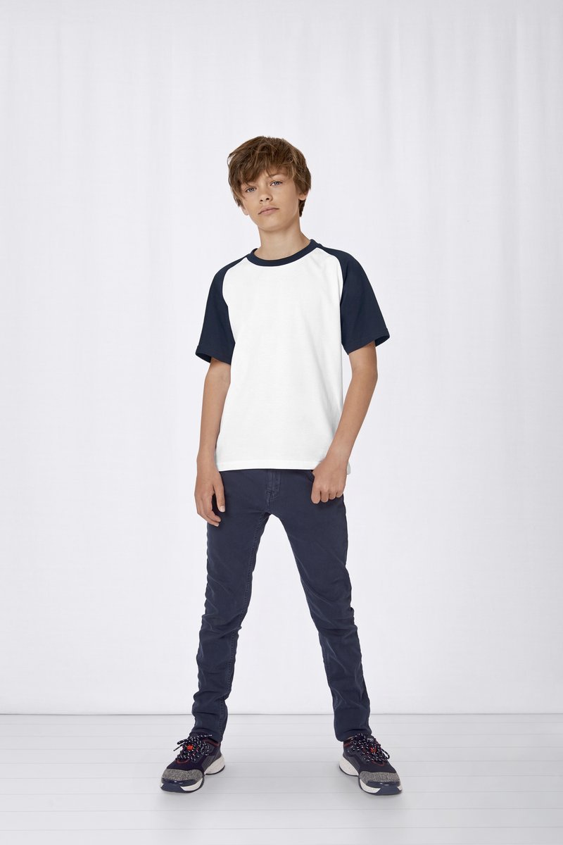 B&C Kids' T-Shirt Baseball mit Raglanärmeln, White/Navy 3/4 (98/104), BCTK350