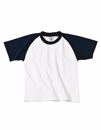 B&C Kids' T-Shirt Baseball mit Raglanärmeln, White/Navy 3/4 (98/104), BCTK350
