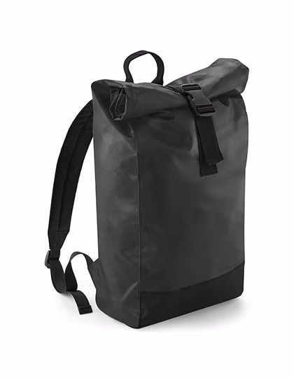 BagBase Schwarzer Roll-Top Rucksack aus Tarpaulin, Black 26 x 43 x 13 cm, BG815