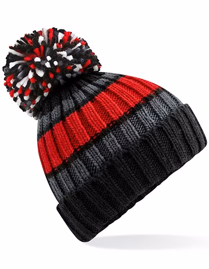 Beechfield Hygge Striped Pompom Beanie with Lining, Black Cherry One Size, CB392