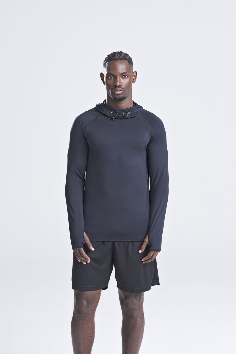 Just Cool Langarm Sportshirt mit Mönchskapuze, Black Slate Melange S, JC037