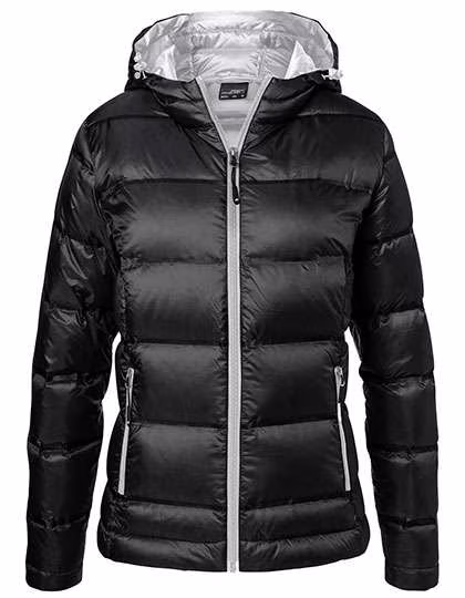 James&Nicholson Down Jacket with Hood and Zip for Women, Black/Silver (Solid) XS, JN1151