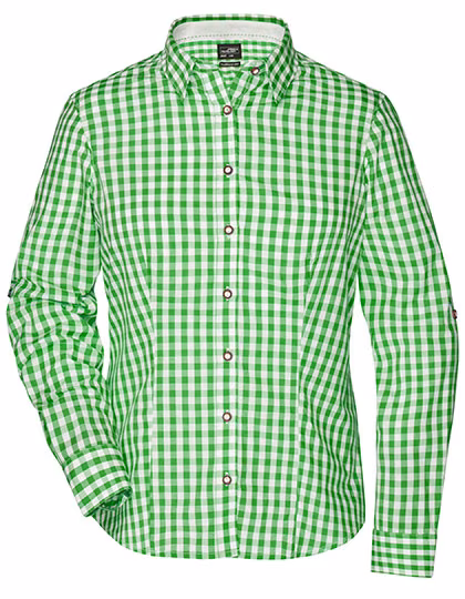 James&Nicholson Damen-Bluse im Trachtenlook mit Knöpfen, Green/White XS, JN637