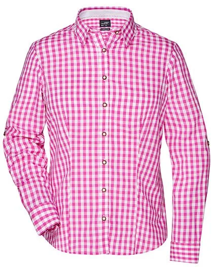 James&Nicholson Damen-Bluse im Trachtenlook mit Knöpfen, Purple/White XS, JN637
