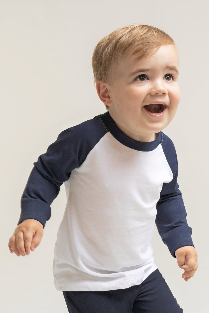 Larkwood Langärmliges Baseball-T-Shirt für Babys, White/Navy 0/6 Monate, LW025