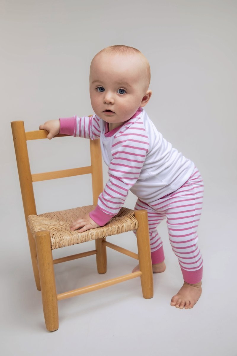 Larkwood Gestreifter Baby-Schlafanzug mit Raglan-Ärmeln, Navy Stripe/White 0/6 Monate, LW072