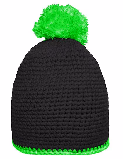 Myrtle beach Handgehäkelte Pomponmütze mit Fleeceband, Black/Neon Green One Size, MB7964