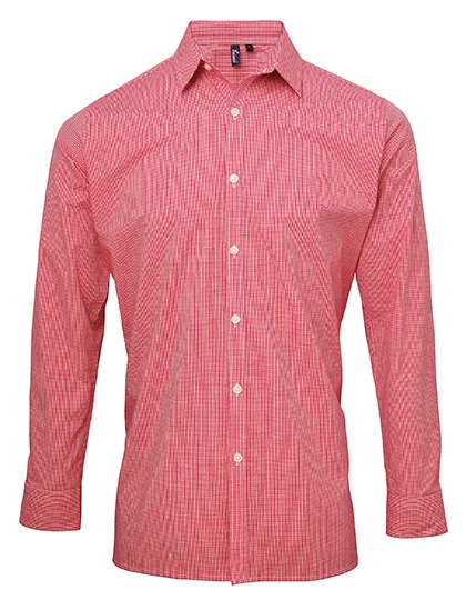 Premier Workwear Langarmhemd Microcheck Baumwolle für Herren, Red (ca. Pantone 200C)/White S, PW220