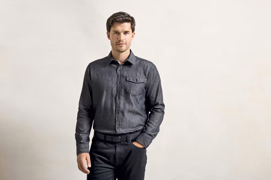 Premier Workwear Denim Hemd mit Kontrastnähten für Herren, Black Denim (ca. Pantone 433C) XS, PW222
