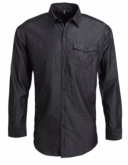 Premier Workwear Denim Shirt with Contrast Stitching for Men, Black Denim (ca. Pantone 433C) XS, PW222