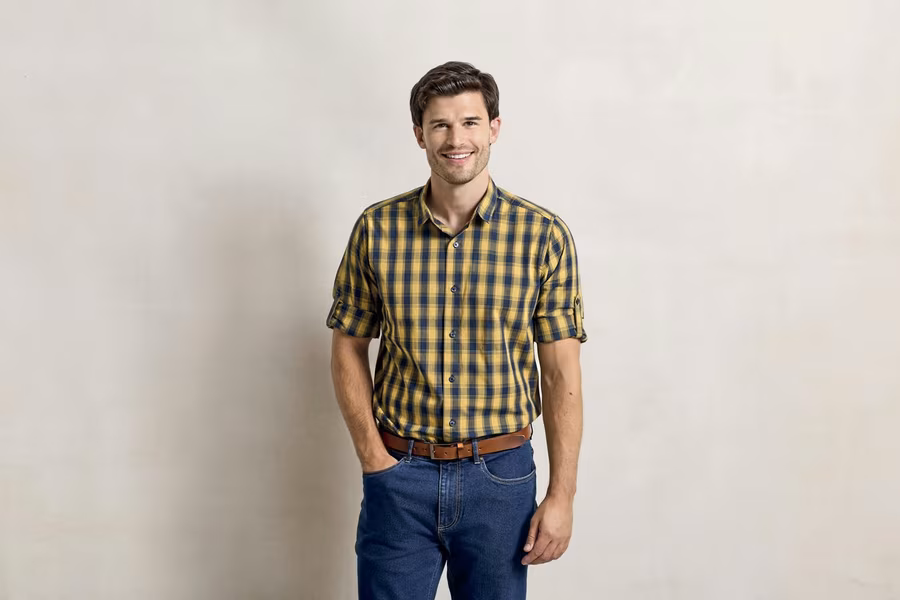 Premier Workwear Chemise à manches longues à carreaux en Coton, Camel (ca. Pantone 132C)/Navy (ca. Pantone 2378C) S, PW250