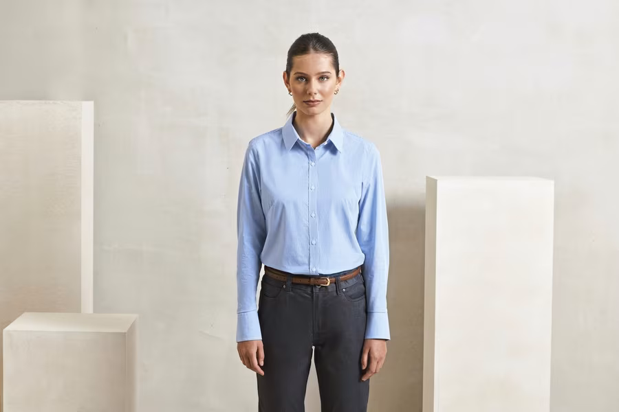 Premier Workwear Long Sleeve Cotton Shirt Microcheck Cut for Women, Black (ca. Pantone Black C)/White XS, PW320