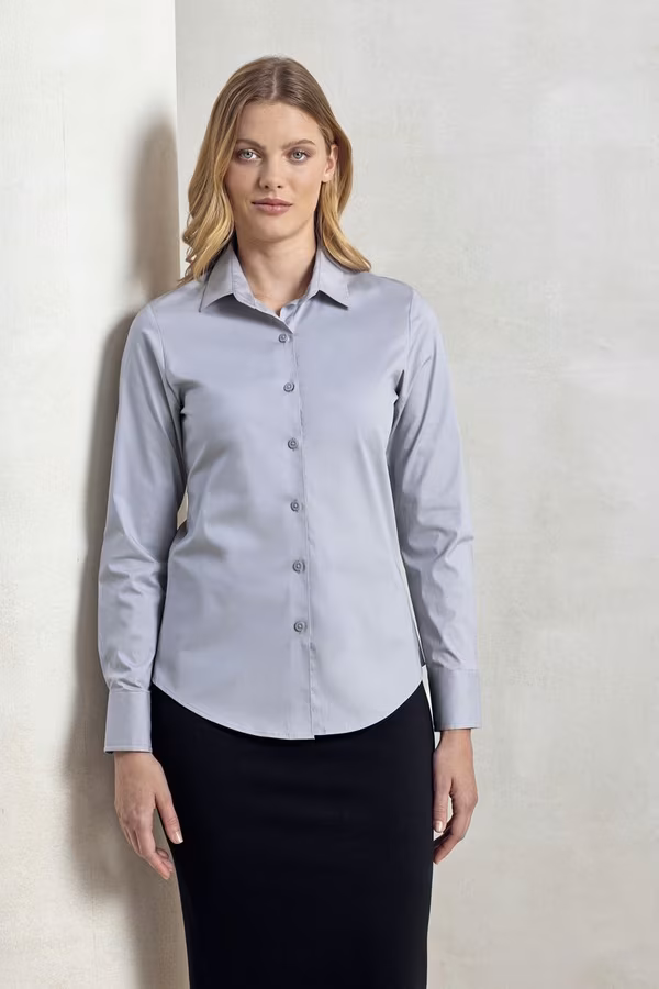 Premier Workwear Stretch Fit Popeline Langarmbluse für Damen, Black (ca. Pantone Black C) L, PW344