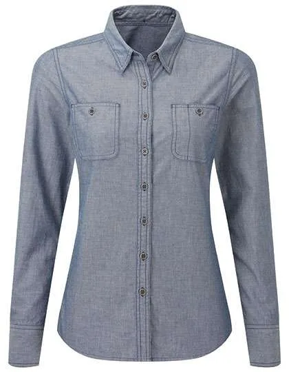 Premier Workwear Bio-Baumwoll Langarmbluse mit Brusttaschen, Indigo Denim (ca. Pantone 2380C) 3XL, PW347