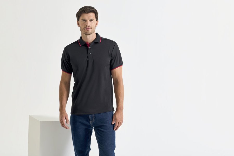 Premier Workwear Polo Coolchecker® mit Kontrastbesatz für Herren, Black (ca. Pantone Black C)/Red (ca. Pantone 200C) 3XL, PW618