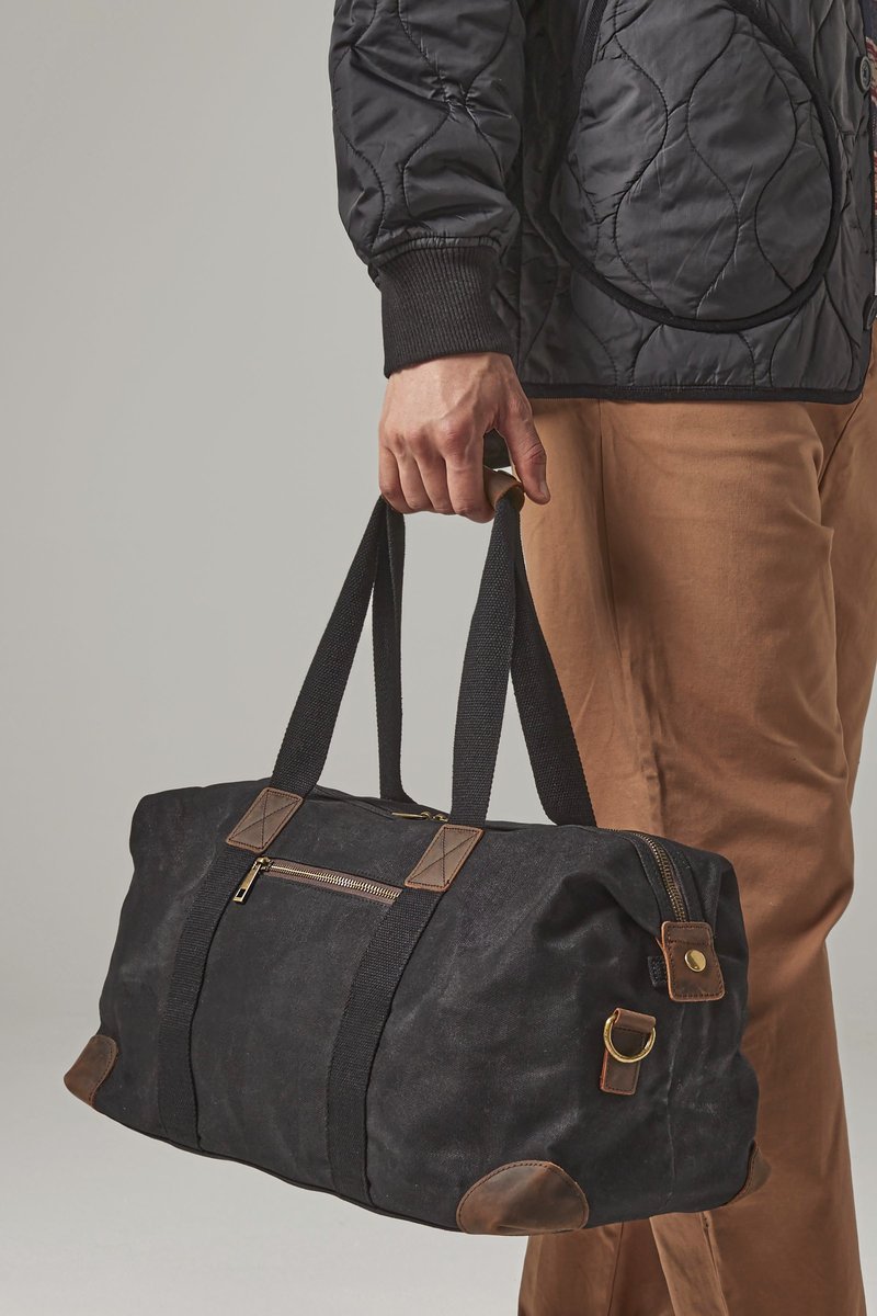 Quadra Waxed Canvas Reisetasche mit Lederakzenten, Black 48 x 26 x 24 cm, QD650