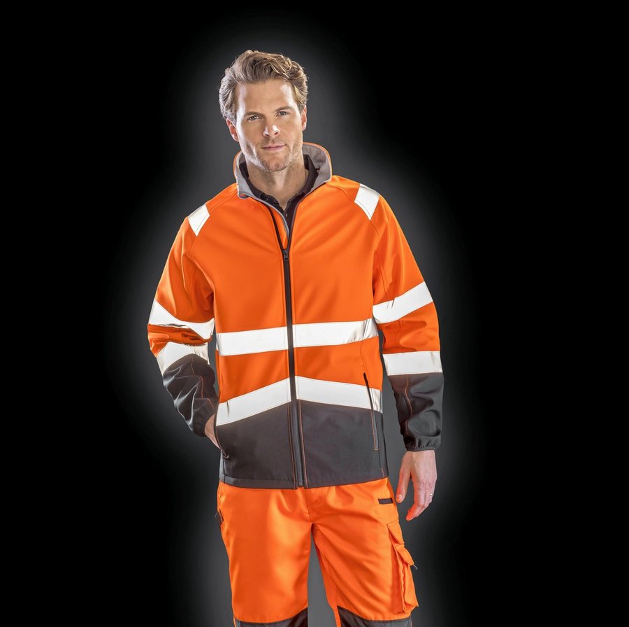 Result Safe-Guard Bedruckbare Sicherheits-Softshelljacke mit Reflexstreifen, Fluorescent Orange/Black S, RT450