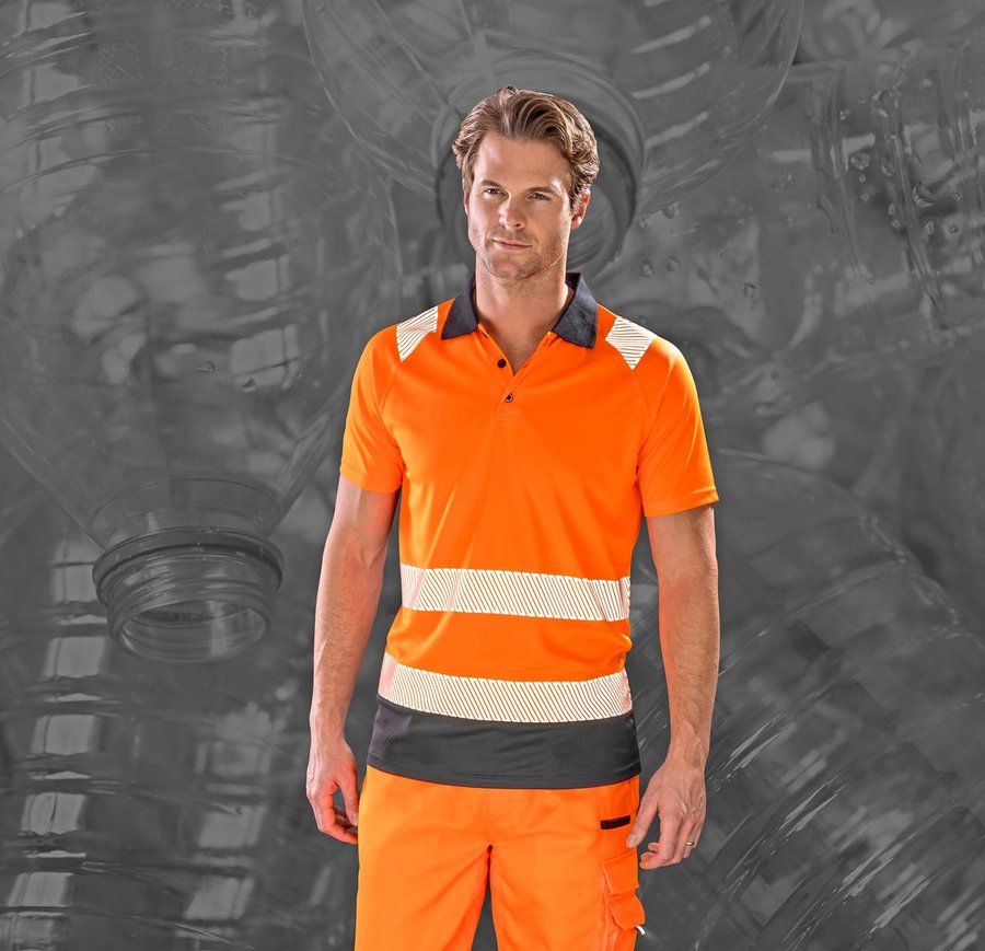 Result Genuine Recycled Recycled Safety Polo mit Stretchkragen, Fluorescent Orange/Black L/XL, RT501
