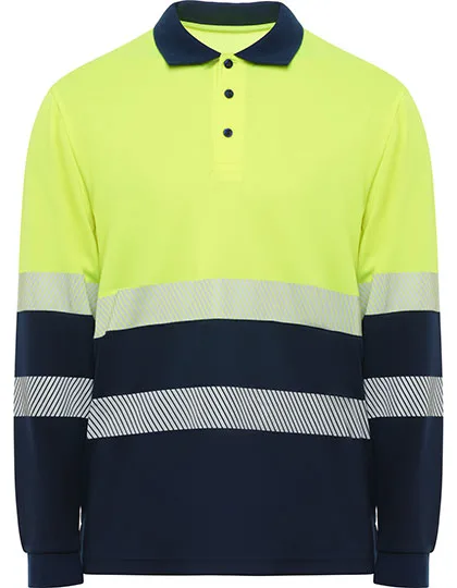 Roly Workwear Langarm-Polo Shirt Vega mit Warnstreifen, Navy Blue 55/Fluor Yellow 221 S, RY9316