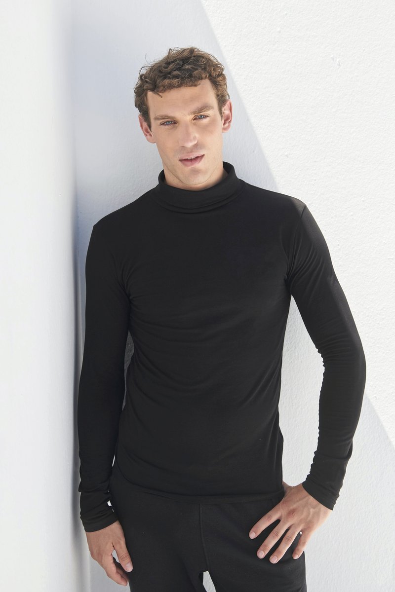 SF Men Langarmshirt mit Rollkragen und Slim-fit, Black S, SFM125