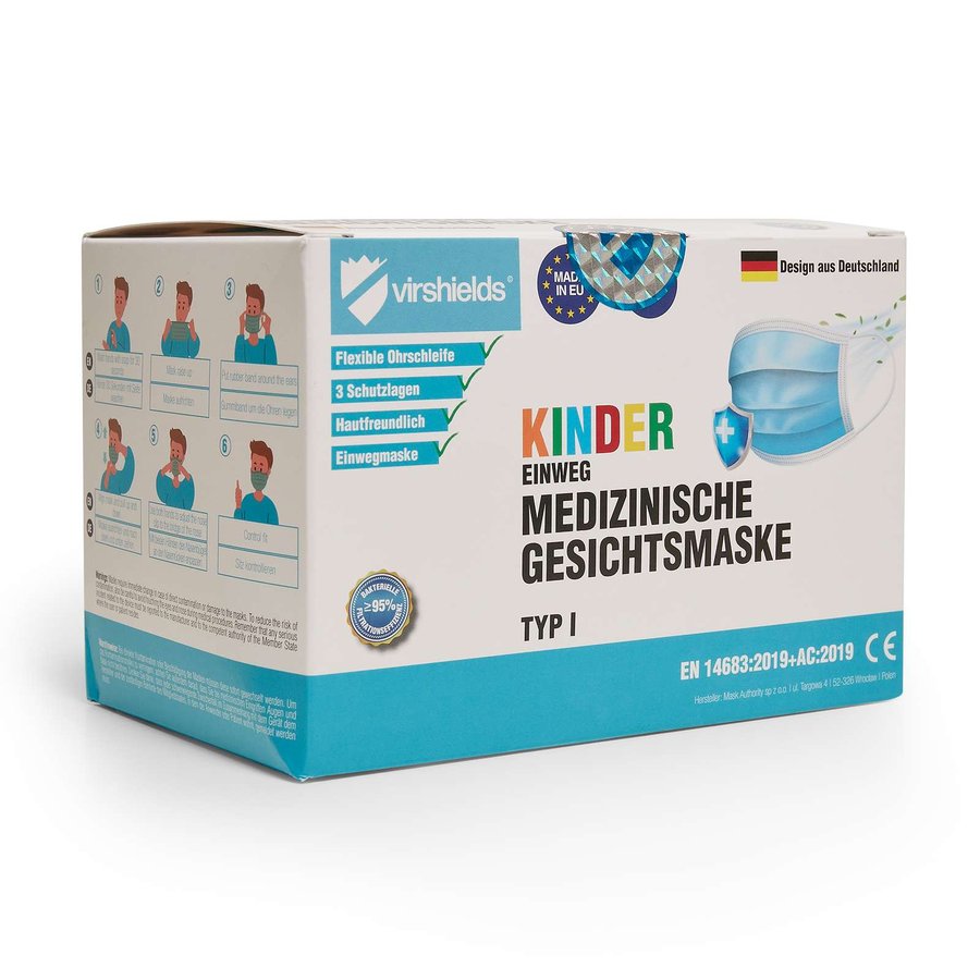Virshields® Maschera medica bambino tipo I, 50 pezzi, Blue 145 x 95 mm, VS001K