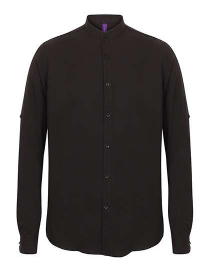 Henbury Langarm Hemd mit Mandarin-Kragen, Black XXL, W592