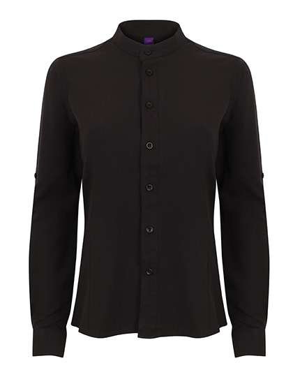 Henbury Langarm-Hemd mit Mandarin-Kragen für Damen, Black S, W593