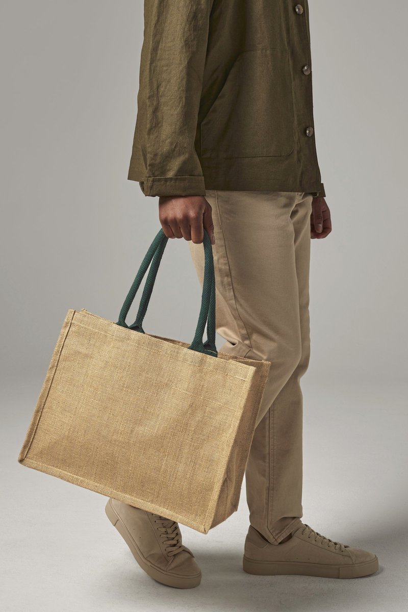 Westford Mill Jute Einkaufstasche mit Baumwollgriffen, Natural/Forest Green 42 x 33 x 19 cm, WM407