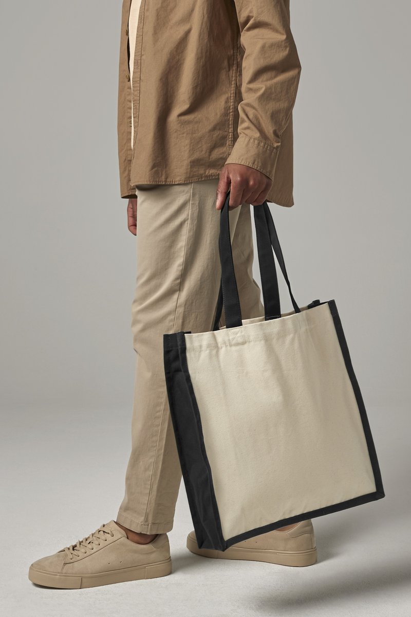 Westford Mill Baumwoll-Canvas Tasche mit langen Griffen, Natural/Black 39 x 42 x 13 cm, WM600