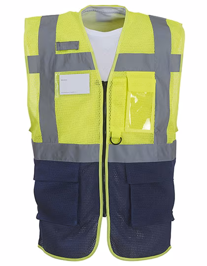 YOKO Gilet di sicurezza riciclato con strisce riflettenti, Hi-Vis Yellow/Navy 3XL, YK820