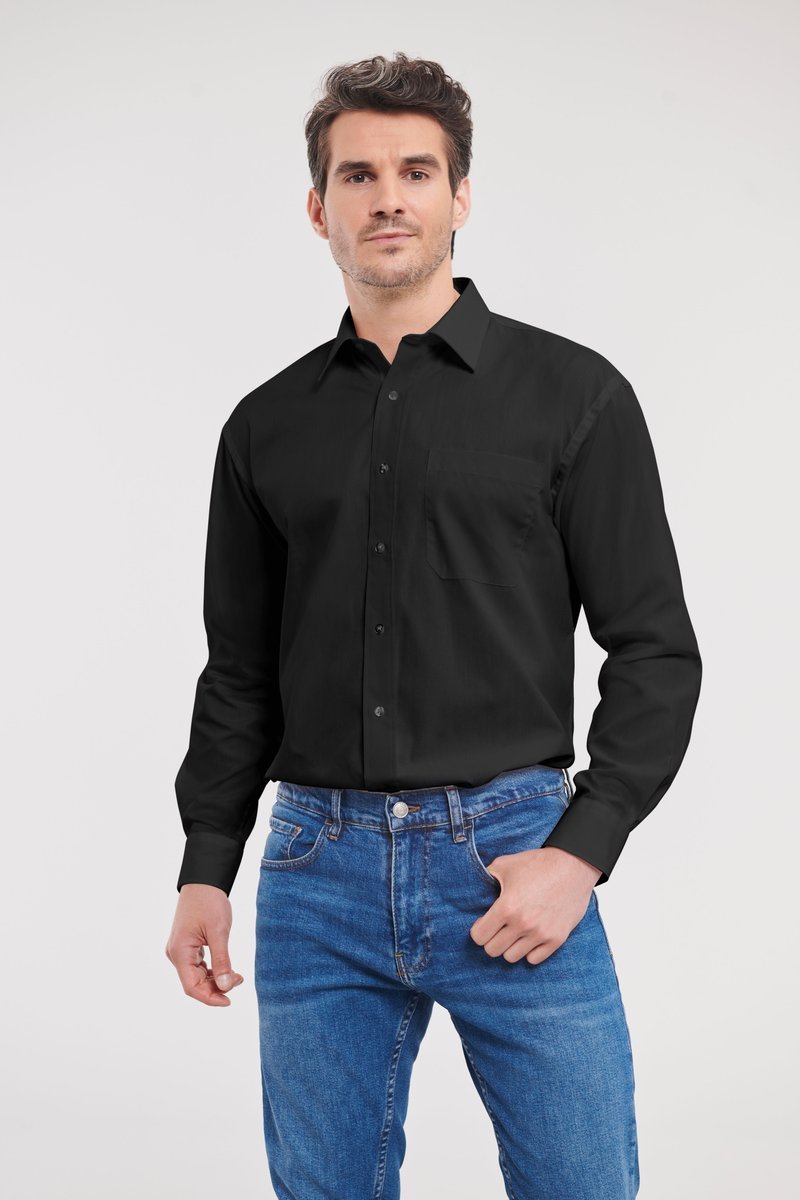 Russell Collection Langarmhemd aus gekämmter Baumwolle mit Brusttasche, Black 3XL (47/48), Z936