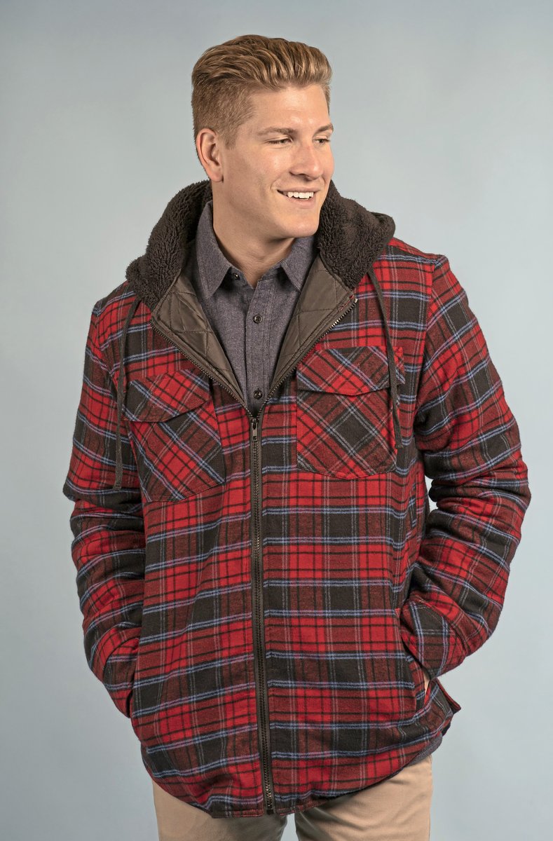 Burnside Flanelljacke mit Sherpa-Kapuze, Red - NavyXX