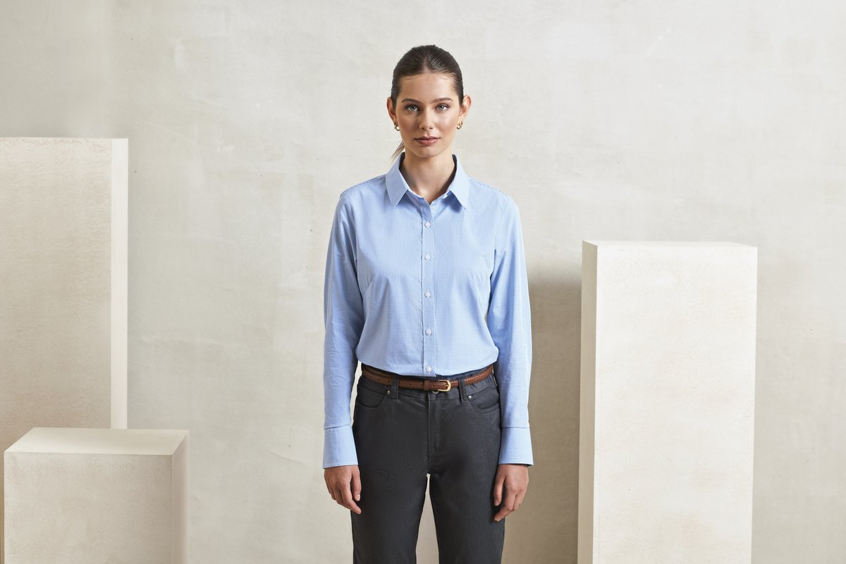 Premier Workwear Langarm Baumwollhemd Microcheck Schnitt für Damen