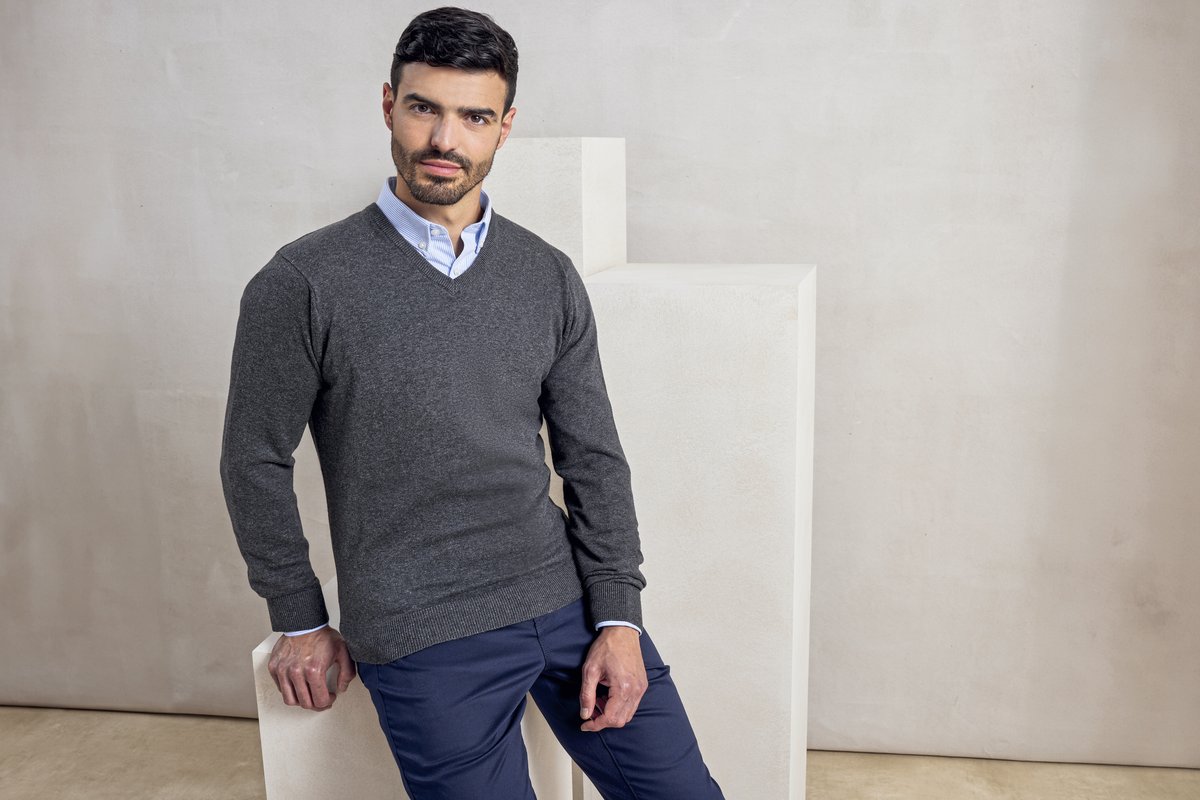 Col en V Strickpullover 12-Gauge pour homme