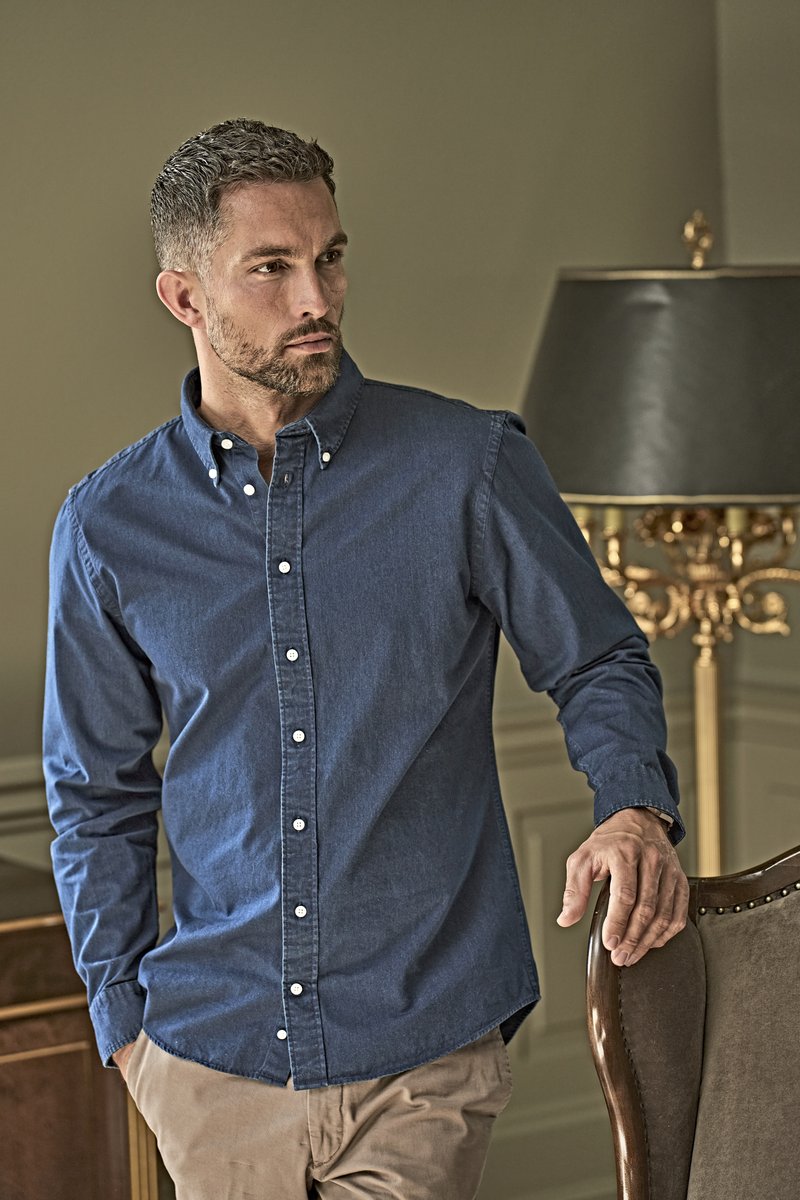 Tee Jays Dunkelblaues Langarmhemd mit Button-Down-Kragen