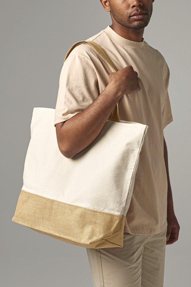 Westford Mill Baumwoll-Canvas Strandtasche XXL mit Jute-Basis